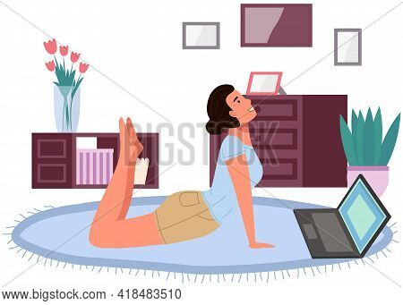 Young Woman Working Out Doing Exercises At Home. Girl Doing Yoga On Mat. Sportswoman Stretches In Ap