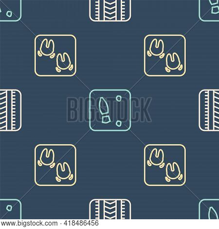 Set Line Tire Track, Wild Boar Paw Footprint And Human Footprints Shoes On Seamless Pattern. Vector