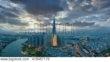 Aerial View Of Ho Chi Minh City Under Twilight Sky