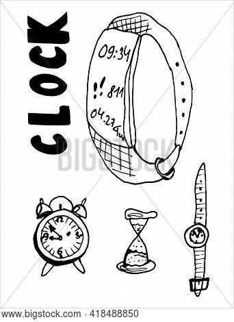 Set Of Different Clock. Outline. Vector Stock Illustration.