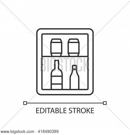 Mini Bar Linear Icon. Small Refrigerator In Hotel Room Or Cruise Ship Stateroom. Thin Line Customiza