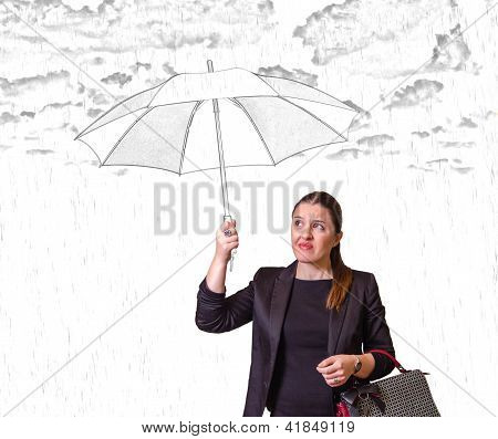 Pretty Girl With Drawing Umbrella Isolated On White Background