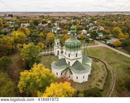Aerial View To Provincial Village Sedniv And Church Of The Resurrection At Autumn, Chernihiv Region,