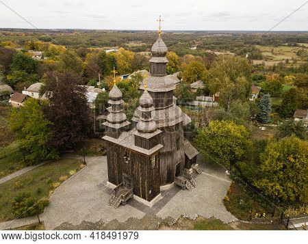 Aerial Ancient Wooden Cossacks St.george's Church In Ukrainian Village Sedniv Near Chernihiv. Archit