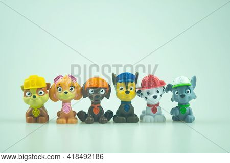 Bangkok, Thailand - April 27, 2021 : Toy Of Paw Patrol Team Standing In A Row. Heroes Of The Animate