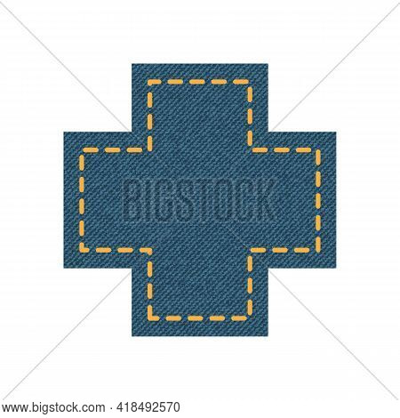 Blue Denim Design With Cross With Stitcher. Vector Illustration