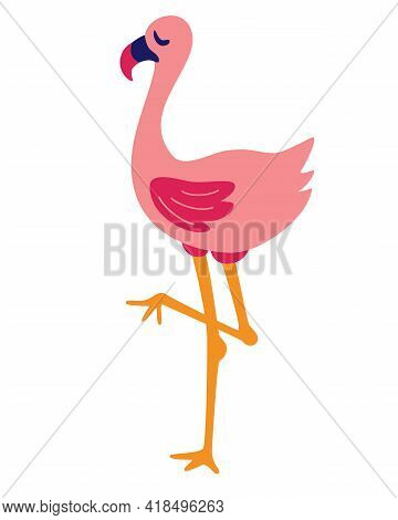 Cartoon Flamingo Icon. Jungle Wild Bird. Cute Flamingo Vector Illustration On A White Background.