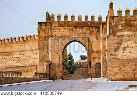 View Of The Old Medieval Gate In Fez On A Sunny Day. Near The Place Bou Jeloud Square. Morocco.