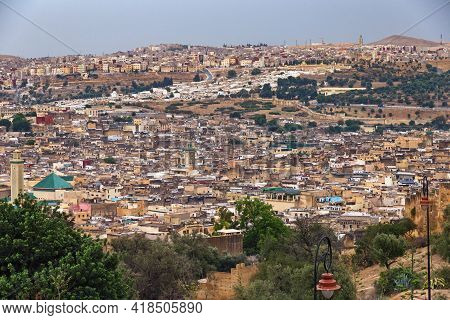 Aerial View Of The Fez El Bali Medina. Is The Oldest Walled Part Of Fez, Morocco. Fes El Bali Was Fo