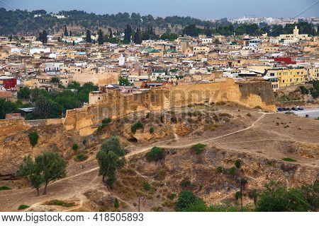 Aerial View Of The Fez El Bali Medina. Is The Oldest Walled Part Of Fez, Morocco. Fes El Bali Was Fo
