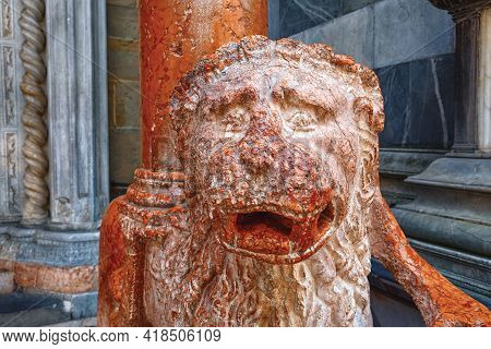 Red Stone Lion Sculpture Of The Cappella Colleoni (was Built With Marble Elements Between 1472 And 1
