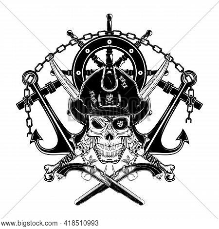 A Pirate's Skull On A Background Of Cutlasses And Flintlock Pistols. Steering Wheel And Two Anchors.