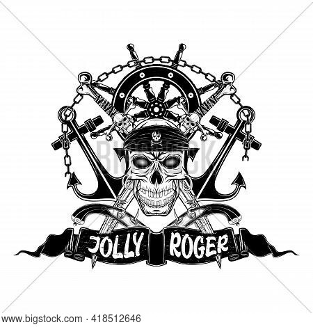 A Pirate's Skull On A Background Of Cutlasses And Flintlock Pistols. Steering Wheel And Two Anchors.