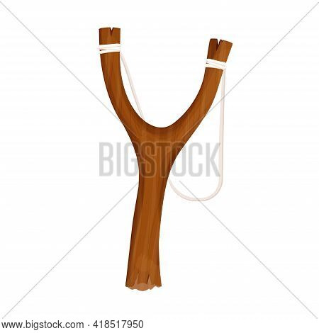 Wooden Slingshot In Cartoon Flat Style Isolated On White Background. Danger Homemade Weapon, Simple 