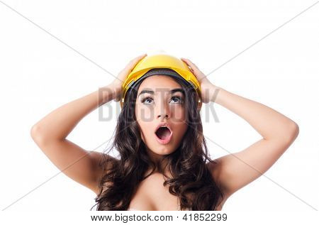 Jovem mulher com hellow capacete branco
