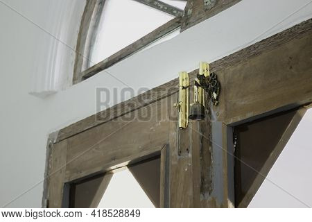Vintage Glass On Old Wooden Frame, Stock Photo