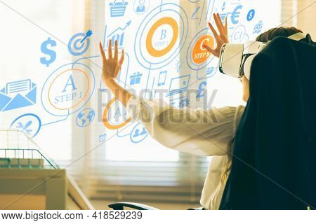 Medium Close Up Shot From Behind Of Woman Wearing Vr Headset In The Office. Virtual Business Arrange