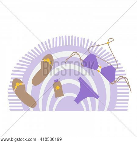 A Purple Beach Mat With Flip Flops, A Purple Swimsuit And Sunblock. Beach Set