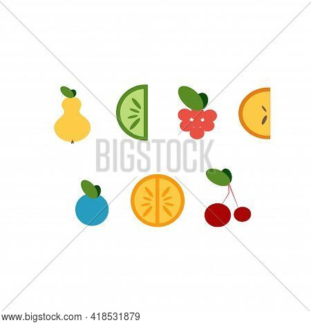 A set of fruits. Pear, lime, raspberry, apple, blueberry, orange, cherry. Fruits. Isolated.