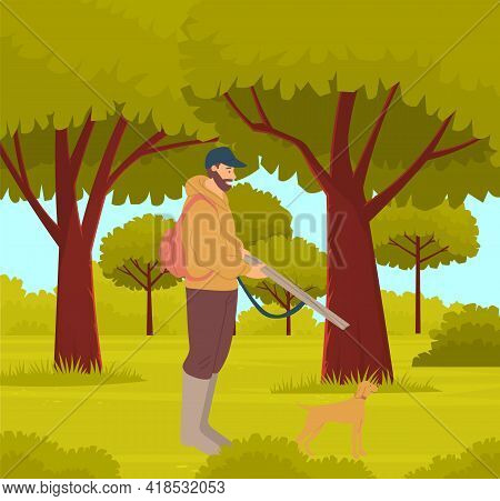 Man With Gun Walks Through Woods. Hunter Goes With His Hunting Dog In Forest. Hunting Animals Concep