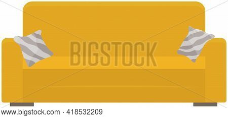Soft Couch With Colorful Pillows. Leisure Furniture Vector. Yellow Sofa Or Divan Isolated On White B