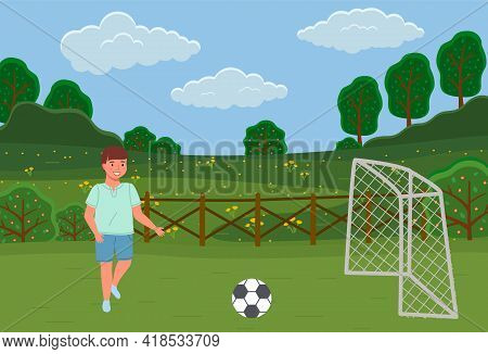 Guy Plays Football On Field. Child Running After Ball To Score Goal. Male Character Running After Ba