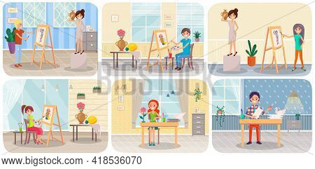 Artist Studio Concept Scenes Set With Creative Workshop Room With Canvas, Paints, Brushes, Easel And
