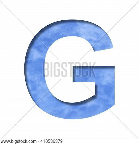 Font On Blue Sky. Letter G Cut Out Of Paper On A Background Of A Bright Blue Sky With Light Clouds. 