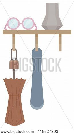 Furniture For Hall In Flat Style. Clothes Hanger And Shelf With Hooks For Umbrella And Accessories I