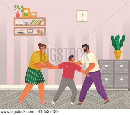 Problems And Conflict In Family, Fight And Arguing, Quarreling Over Child In Family. Cartoon Angry P