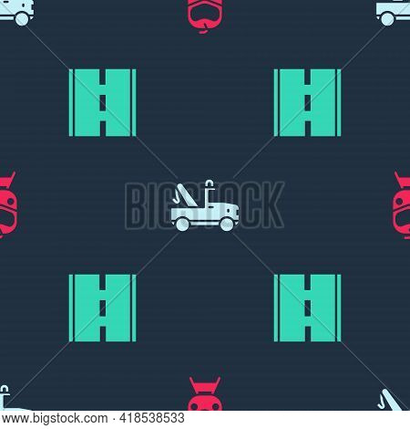 Set Train And Railway, Tow Truck And Road On Seamless Pattern. Vector