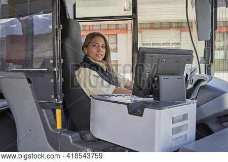 Driver Woman Working In Bus
