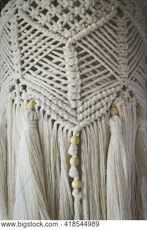 Close Up On Hand Made Macrame Woven Lantern For Candles