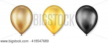 Birthday Balloons Vector Set. Golden And Black Balloon For Wedding Celebration. Celebrate Anniversar