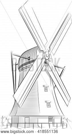 Sketch Doodle Dutch Windmill Landmark Holland Destination Outline