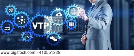 Vlan Trunking Protocol. Technology Networks Cocept. Blue Background