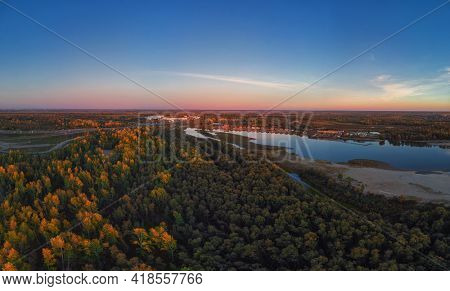 BARNAUL CITY. RUSSIA - SEPTEMBER 13, 2020: Aerial shot of view to Barnaul city. Siberia, Russia. Autumn beauty sunset on September 13, 2020 in Altayskiy krai, Siberia, Barnaul, Russia.