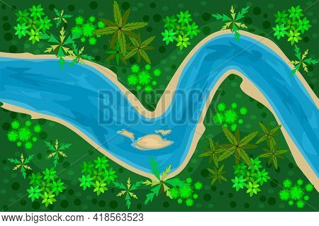 River Top View On Forest Background. Riverbed With Blue Water, Coastline And Trees. Summer Nature La