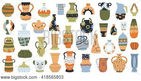 Modern Pottery. Ceramic Porcelain Vases, Hand Drawn Decorative Porcelain Vase Isolated Vector Illust