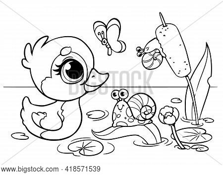 The Duckling Swims In The Pond To The Reeds And The Snail. Coloring Book For Children. Cute Baby Chi
