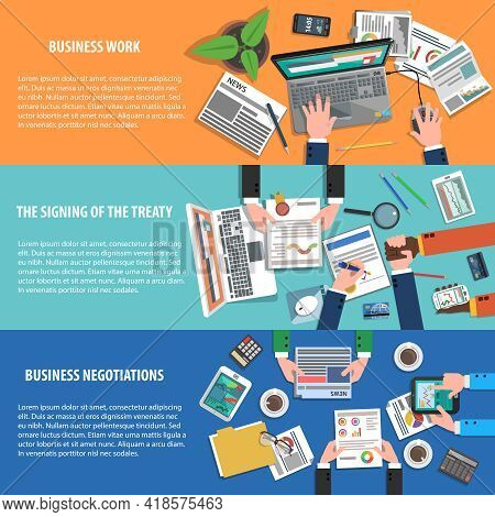 Business Banner Horizontal With People Hands Working Signing Treaty Vector Illustration