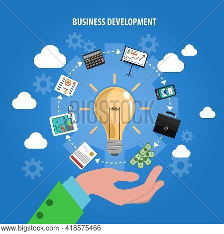 Business Development Concept With Human Hand And Idea Symbols Flat Vector Illustration