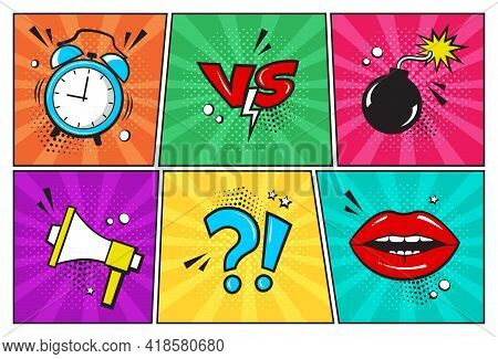 Comic Vector Icon In Pop Art Style. Fun Bright Pattern Set. Clock, Bomb, Megaphone, Lips. Cartoon Il
