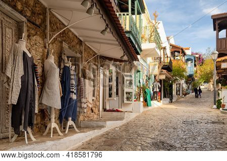 Kas, Turkey - December 3, 2020: Fancy boutique shops in Mediterranean resort town Kas in Turkey