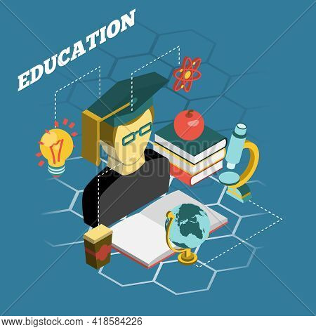 College University Traditional Scientific Education Concept Isometric Banner With Atom Model And Stu