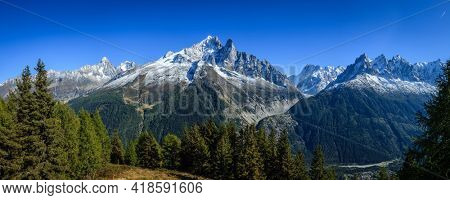 Panoramic view of Aiguille du Dru (the Dru) and surrounding mountains in French Alps