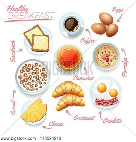 Food Poster Of Various Tasty Healthy Breakfast Components On White Background Flat Vector Illustrati