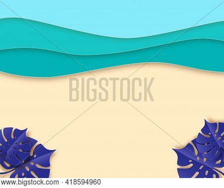 Summer Beach Banner, Blue Sea And Beach Summer Background With Curve Paper Waves And Seacoast. Conce