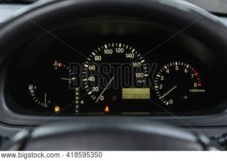 Novosibirsk, Russia - April 25 2021: Toyota Harrier, 
Round Speedometer, Odometer With A Range Of 18