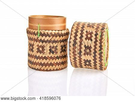 Handmade Natural Product, Round Wicker Basket, Rattan Weaving. Eco Friendly And Sustainable Concept.